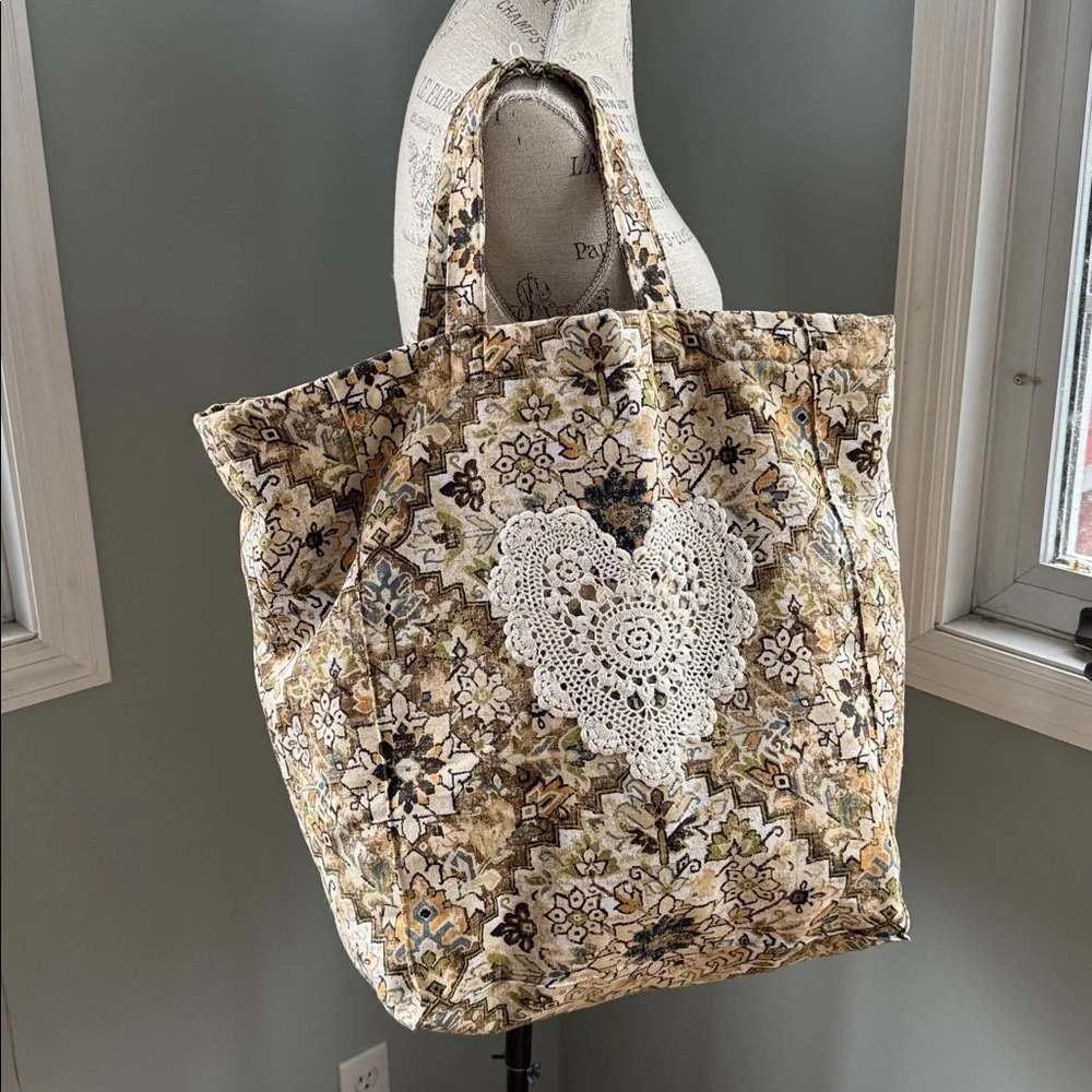 Handmade farmers market‎ cotton canvas crocheted doily large tote